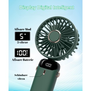 Ventilator Ultra Portabil cu Aromaterapie, Flippy, 3 in 1, de Mana, de Birou, de Gat, 5 Trepte de Viteza, Incarcare USB, Autonomie 12h, Pliabil, cu Ecran LCD, Verde - Img 5