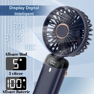 Ventilator Ultra Portabil cu Aromaterapie, Flippy, 3 in 1, de Mana, de Birou, de Gat, 5 Trepte de Viteza, Incarcare USB, Autonomie 12h, Pliabil, cu Ecran LCD, Albastru - Img 7