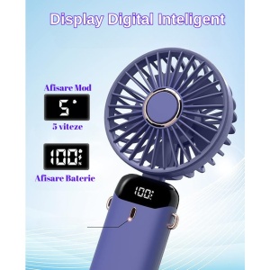 Ventilator Ultra Portabil cu Aromaterapie, Flippy, 3 in 1, de Mana, de Birou, de Gat, 5 Trepte de Viteza, Incarcare USB, Autonomie 12h, Pliabil, cu Ecran LCD, Mov - Img 7