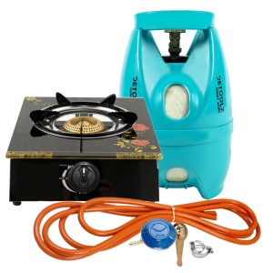 Aragaz din sticla securizata, 1 ochi, aprindere pe quartz + Kit reglabil gpl RH-10 + Tub flex 2M+2 Coliere + Butelie 5L