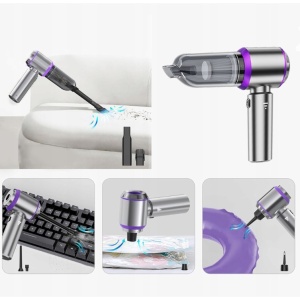 Aspirator Portabil Auto, Flippy, pentru Casa si Masina, 3 Viteze, Incarcator Tip-C cu Incarcare Rapida, Tub Prelungitor, 2000mAh, 7 Capete de Aspirare si Suflare, 21x20x6.5 cm, Argintiu Mov - Img 5