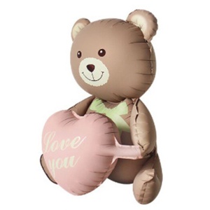 Balon din Folie Metalizata, Flippy, Figurina Animata, Model Ursulet cu Inimioare, 105.5 x 66.5 cm, Ambalaj Individual, Pai Inclus, Umflare cu Aer sau Heliu, Maro - Img 2