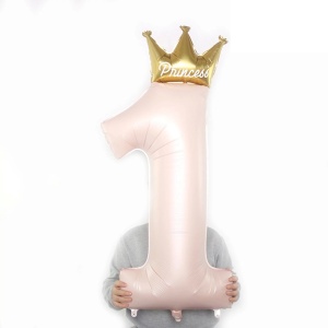Balon din Folie Metalizata, Flippy, Figurina Cifra 1, Model Coroana Printesa, 91 cm, Ambalaj Individual, Pai inclus, Umflare cu Aer sau Heliu, Roz - Img 2