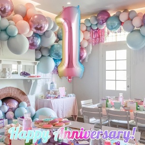 Balon din Folie Metalizata Flippy, Figurina Cifra Gradient, Tema Aniversare 40 cm, Ambalaj Individual, Pai inclus, Umflare cu Aer sau Heliu, Multicolor, Cifra 1 - Img 2