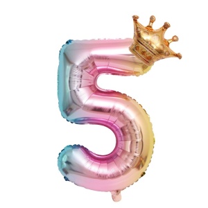Balon din Folie Metalizata, Flippy, Figurina Cifra Gradient, Tema Aniversare 80 cm, Ambalaj Individual, Pai inclus, Umflare cu Aer sau Heliu, Coronita, Cifra 5