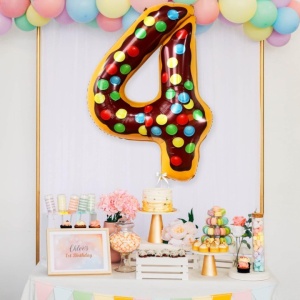 Balon din Folie Metalizata Flippy, Figurina Cifra, Imprimeu Gogosi, Tema Aniversare 100 cm, Ambalaj Individual, Pai inclus, Umflare cu Aer sau Heliu, Multicolor, Cifra 4 - Img 4