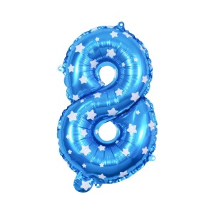 Balon din Folie Metalizata Flippy, Figurina Cifra, Imprimeu Stele, Tema Aniversare 80 cm, Ambalaj Individual, Pai inclus, Umflare cu Aer sau Heliu, Albastru, Cifra 8 - Img 2