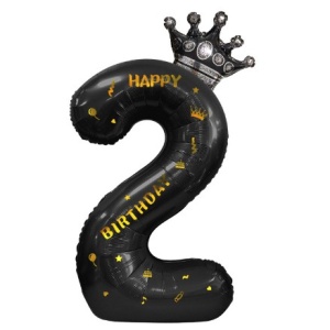 Balon din Folie Metalizata Flippy, Figurina Cifra si Coroana, Scris Happy Birthday, Tema Aniversare 100 cm, Ambalaj Individual, Pai inclus, Umflare cu Aer sau Heliu, Negru, Cifra 2 - Img 7