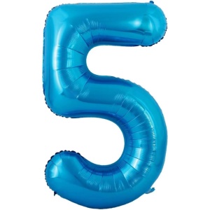 Balon din Folie Metalizata Flippy, Figurina Cifra si Coroana, Tema Aniversare 100 cm, Ambalaj Individual, Pai inclus, Umflare cu Aer sau Heliu, Albastru, Cifra 5 - Img 2