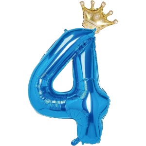 Balon din Folie Metalizata Flippy, Figurina Cifra si Coroana, Tema Aniversare 100 cm, Ambalaj Individual, Pai inclus, Umflare cu Aer sau Heliu, Albastru, Cifra 4 - Img 1