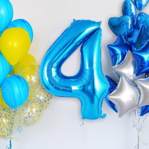 Balon din Folie Metalizata, Flippy, Figurina Cifra, Tema Aniversare 100 cm, Ambalaj Individual, Pai inclus, Umflare cu Aer sau Heliu, Albastru, Cifra 4 - Img 3