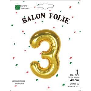 Balon din Folie Metalizata Flippy, Figurina Cifra, Tema Aniversare 40 cm, Ambalaj Individual, Pai inclus, Umflare cu Aer sau Heliu, Auriu, Cifra 3 - Img 2