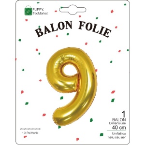Balon din Folie Metalizata Flippy, Figurina Cifra, Tema Aniversare 40 cm, Ambalaj Individual, Pai inclus, Umflare cu Aer sau Heliu, Auriu, Cifra 9 - Img 2