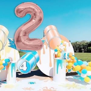 Balon din Folie Metalizata Flippy, Figurina Cifra, Tema Aniversare 40 cm, Ambalaj Individual, Pai inclus, Umflare cu Aer sau Heliu, Rose Gold, Cifra 2 - Img 3