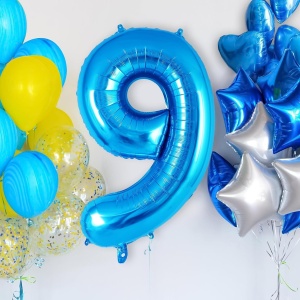 Balon din Folie Metalizata Flippy, Figurina Cifra, Tema Aniversare 40 cm, Ambalaj Individual, Pai inclus, Umflare cu Aer sau Heliu, Albastru, Cifra 9 - Img 5