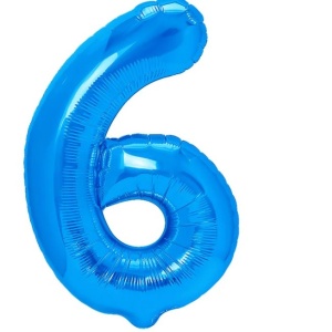 Balon din Folie Metalizata Flippy, Figurina Cifra, Tema Aniversare 40 cm, Ambalaj Individual, Pai inclus, Umflare cu Aer sau Heliu, Albastru, Cifra 6 - Img 1