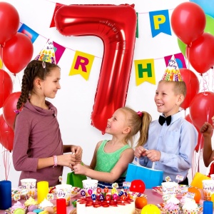 Balon din Folie Metalizata Flippy, Figurina Cifra, Tema Aniversare 80 cm, Ambalaj Individual, Pai inclus, Umflare cu Aer sau Heliu, Rosu, Cifra 7 - Img 6