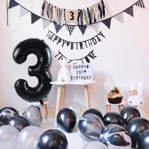 Balon din Folie Metalizata, Flippy, Figurina Cifra, Tema Aniversare 80 cm, Ambalaj Individual, Pai inclus, Umflare cu Aer sau Heliu, Negru, Cifra 3 - Img 11