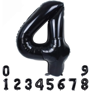 Balon din Folie Metalizata, Flippy, Figurina Cifra, Tema Aniversare 80 cm, Ambalaj Individual, Pai inclus, Umflare cu Aer sau Heliu, Negru, Cifra 4 - Img 9
