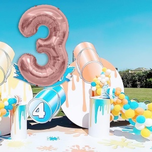 Balon din Folie Metalizata Flippy, Figurina Cifra, Tema Aniversare 80 cm, Ambalaj Individual, Pai inclus, Umflare cu Aer sau Heliu, Rose Gold, Cifra 3 - Img 2