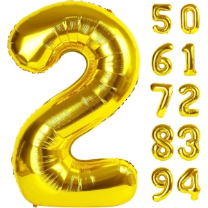 Balon din Folie Metalizata Flippy, Figurina Cifra, Tema Aniversare 80 cm, Ambalaj Individual, Pai inclus, Umflare cu Aer sau Heliu, Auriu, Cifra 2 - Img 10