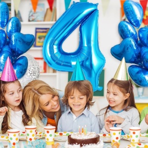 Balon din Folie Metalizata, Flippy, Figurina Cifra, Tema Aniversare 80 cm, Ambalaj Individual, Pai inclus, Umflare cu Aer sau Heliu, Albastru, Cifra 4 - Img 5