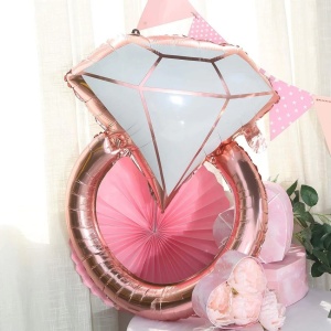Balon din Folie Metalizata, Flippy, Figurina Inel de Logodna, Model Diamant, Tema Nunta, 60 cm, Ambalaj Individual, Pai Inclus, Umflare cu Aer sau Heliu, Roz - Img 4