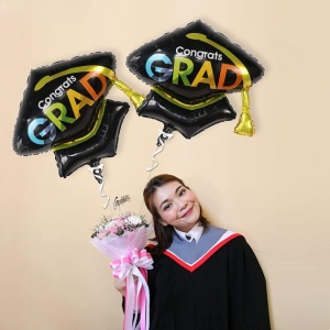 Balon din Folie Metalizata, Flippy, Figurina, Model Toca Congrats Grad, Tematica Absolvire, 66x66 cm, Ambalaj Individual, Pai Inclus, Umflare cu Aer sau Heliu, Negru - Img 6