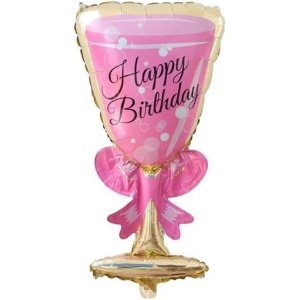 Balon din Folie Metalizata, Flippy, Figurina Pahar de Vin, Tema Aniversare, 93x48 cm, Ambalaj Individual, Pai Inclus, Umflare cu Aer sau Heliu, Roz - Img 2