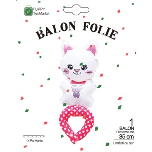 Balon din Folie Metalizata, Flippy, Figurine Animalute, Tip Bratara, Model Pisica, 13 x 35 cm, Ambalaj Individual, Pai Inclus, Umflare cu Aer sau Heliu, Alb - Img 6