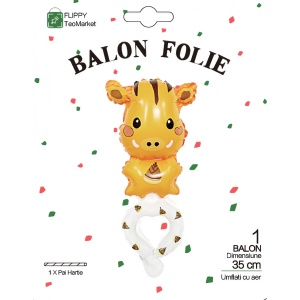 Balon din Folie Metalizata, Flippy, Figurine Animalute, Tip Bratara, Model Girafa, 13 x 35 cm, Ambalaj Individual, Pai Inclus, Umflare cu Aer sau Heliu, Maro - Img 6