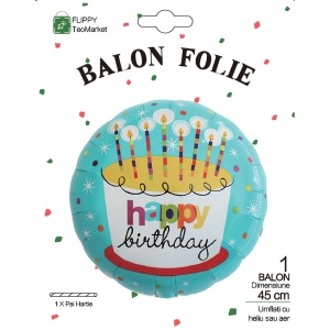 Balon din Folie Metalizata, Flippy, Mini Figurina Rotunda, Model Happy Birthday Tort, Tema Aniversare, 45 cm, Ambalaj Individual, Pai inclus, Umflare cu Aer sau Heliu, Albastru - Img 4