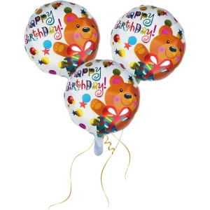 Balon din Folie Metalizata, Flippy, Mini Figurina Rotunda, Model Happy Birthday Ursulet, Tema Aniversare, 45 cm, Ambalaj Individual, Pai inclus, Umflare cu Aer sau Heliu, Maro - Img 3