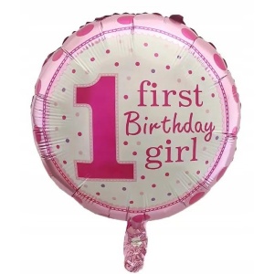 Balon din Folie Metalizata, Flippy, Prima Aniversare, Model First Birthday Girl, 45 cm, Ambalaj Individual, Pai Inclus, Umflare cu Aer sau Heliu, Roz - Img 2