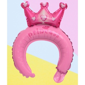 Balon din Folie Metalizata, Flippy, Tip Coronita cu Urechi, Model Coronita de Printesa, Ambalaj Individual, Pai Inclus, Umflare cu Aer sau Heliu, 30 x 27 cm, Roz - Img 5