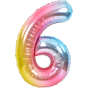 Balon din Folie Metalizata Gradient Flippy, Figurina Cifra, Tema Aniversare 100 cm, Ambalaj Individual, Pai inclus, Umflare cu Aer sau Heliu, Multicolor, Cifra 6 - Img 1
