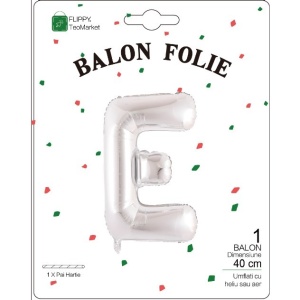 Balon Folie Metalizata Litera E, Flippy, 40 cm, Umflati cu Heliu sau Aer, Ambalaj Individual, Pai inclus, Argintiu - Img 2