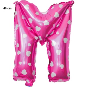 Balon Folie Metalizata Litera M, Flippy, 40 cm, Cu Imprimeu Inimioare, Umflati cu Heliu sau Aer, Ambalaj Individual, Pai inclus, Roz - Img 2