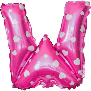 Balon Folie Metalizata Litera W, Flippy, 40 cm, Cu Imprimeu Inimioare, Umflati cu Heliu sau Aer, Ambalaj Individual, Pai inclus, Roz - Img 1