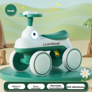 Bicicleta Pentru Copii, Flippy, Fara Pedale, Cu Patru Roti, Din Plastic Rezistent, Fara BPA, Cu Muzica Si Lumini, Model Dinozaur, 50x27x40 Cm, Verde - Img 2