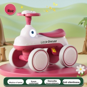 Bicicleta Pentru Copii, Flippy, Fara Pedale, Cu Patru Roti, Din Plastic Rezistent, Fara BPA, Cu Muzica Si Lumini, Model Dinozaur, 50x27x40 Cm, Roz - Img 2