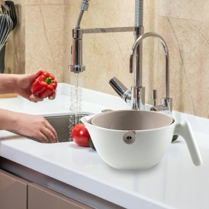 Bol cu Doua Straturi, Flippy, pentru Fructe, Legume, cu Cos de Scurgere a Apei, 2L, din ABS+PP, 29.9 x 22.5 x 11.8 cm, Alb - Gri - Img 2