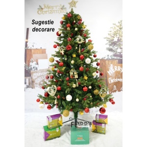 Brad artificial de Craciun, decorat cu conuri pin rosii, inaltime 210 cm, diametru 137 cm, 1172 ramuri, Flippy, verde, suport metalic inclus - Img 5