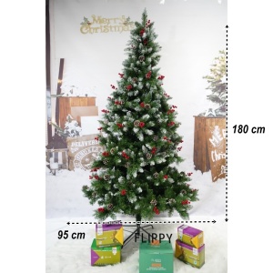Brad artificial de Craciun nins, decorat cu conuri pin rosii, inaltime 180 cm, diametru 95 cm, 319 ramuri, Flippy, verde, suport metalic inclus - Img 4
