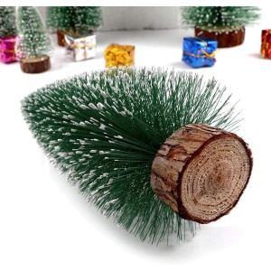 Brad artificial de craciun, ornament pentru masa, pe suport lemn, 10 cm inaltime, Verde inzapezit - Img 3