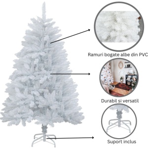 Brad de Craciun artificial cu suport inclus Flippy, 180 cm, 600 ramuri/varfuri, material plastic, suport clasic, fara iluminare, utilizat pentru interior/exterior, alb - Img 8