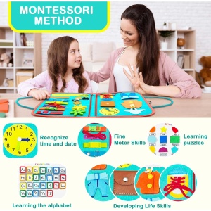 Carte Senzoriala Educativa Montessori, Flippy, cu Activitati, Dezvoltare Abilitati Motorii, 4 Pagini, Model Spatiu Cosmic, 28x22x7 cm, Albastru - Img 3