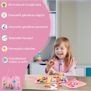 Carte Senzoriala Educativa Montessori, Flippy, Dezvoltare Abilitati Motorii, 3 Pagini, Model Sirena si Alfabet, 28x25x4 cm, Roz - Img 7