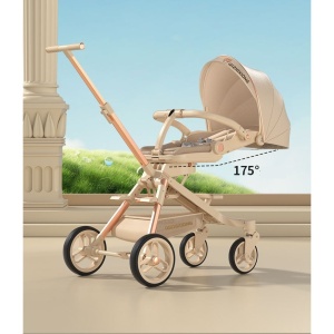 Carucior Sport Flippy 3in1, 6-36 Luni, Pliabil, Tavita pentru Masa, Pat de Dormit, Centura de Siguranta, Roti 360 Grade, Reversibil, Parasolar, Maner Reglabil, 64 x 35 x 100 cm, Bej - Img 3