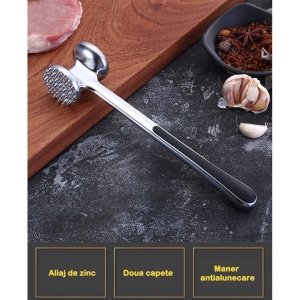 Ciocan pentru snitele si carne Flippy, din aliaj de zinc, maner antialunecare, doua capete, 22 cm, argintiu - Img 3
